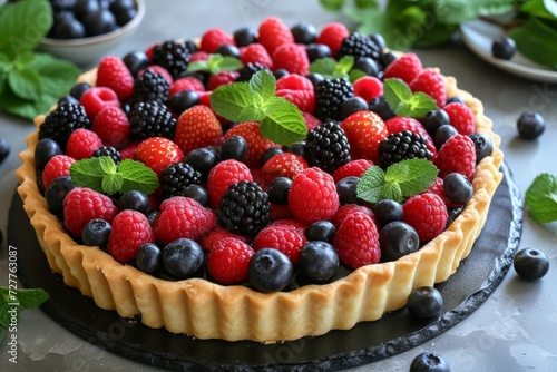 A vibrant fruit tart showcasing a medley of fresh berries atop a buttery, flaky pastry shell.