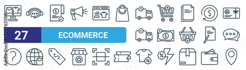 set of 27 outline web ecommerce icons such as ecommerce, customer service, invoice, cart, payment authentication, world wide shopping, tshirt, map vector thin line icons for web design, mobile app.