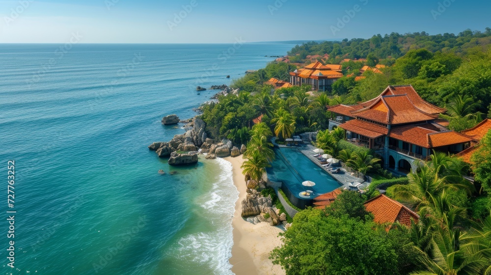 A luxurious beachfront resort, surrounded by tropical gardens, offering an oasis of serenity.