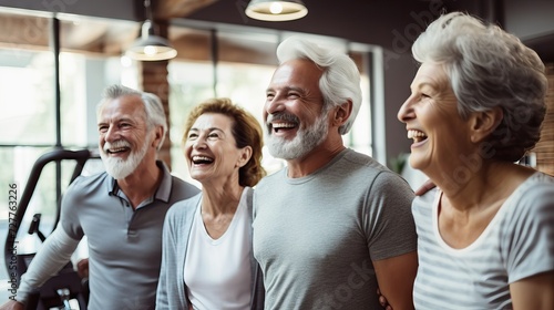 Group of Senior Citizens Laughing in Minimalistic Gym Generative AI photo