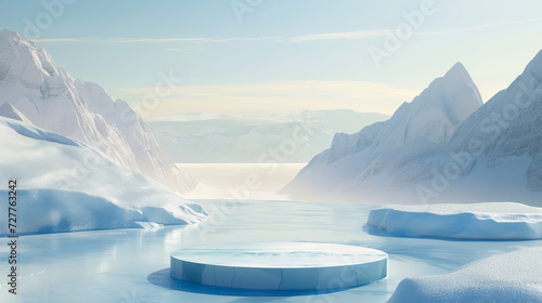 ice podium background on ice snow mountain with ice covered lake for product stand display advertising cosmetic beauty products or skincare with empty round stage - AI Generated Abstract Art