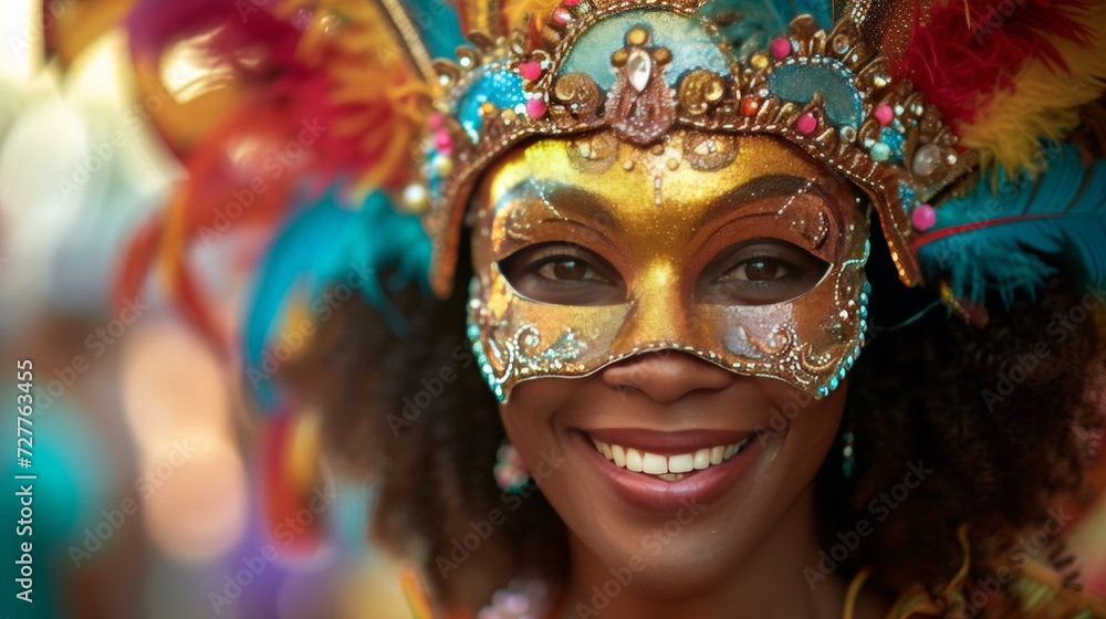 A masked reveler adorned with feathers, glitter, and beads, radiating excitement during the carnival.
