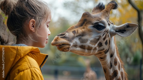 Girl at the zoo feeding a giraffe. © yganko