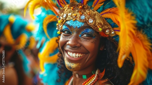 A masked reveler adorned with feathers, glitter, and beads, radiating excitement during the carnival.