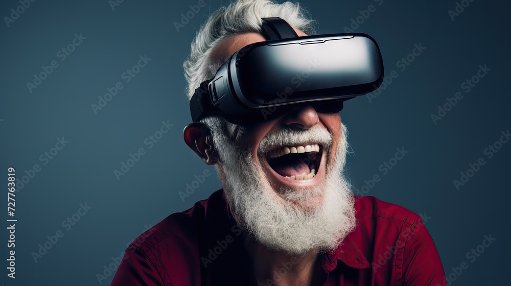 Laughing Senior Man Using Virtual Reality in Minimalistic Cinematic Setting Generative AI