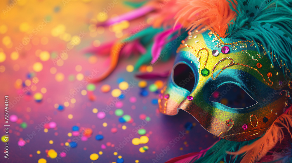 Fototapeta premium Mardi Gras background with copy space. bright banner with colorful mask, confetti, feathers. Carnival. Purim.