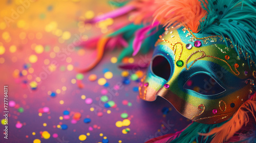 Mardi Gras background with copy space. bright banner with colorful mask, confetti, feathers. Carnival. Purim. photo