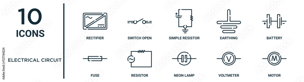 electrical circuit outline icon set such as thin line rectifier, simple ...