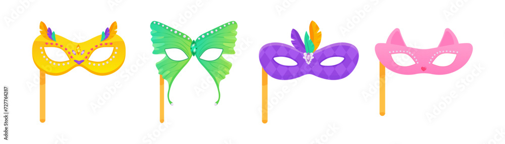 Set of carnival masks on a stick of owl, cat, feathers and butterfly, for masquerade, purim and mardi gras. On a white insulated background - obrazy, fototapety, plakaty 