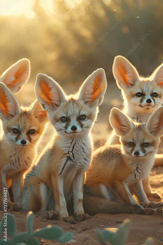 Fototapeta premium Fennec family sitting in the desert with setting sun shining. Group of wild animals in nature.