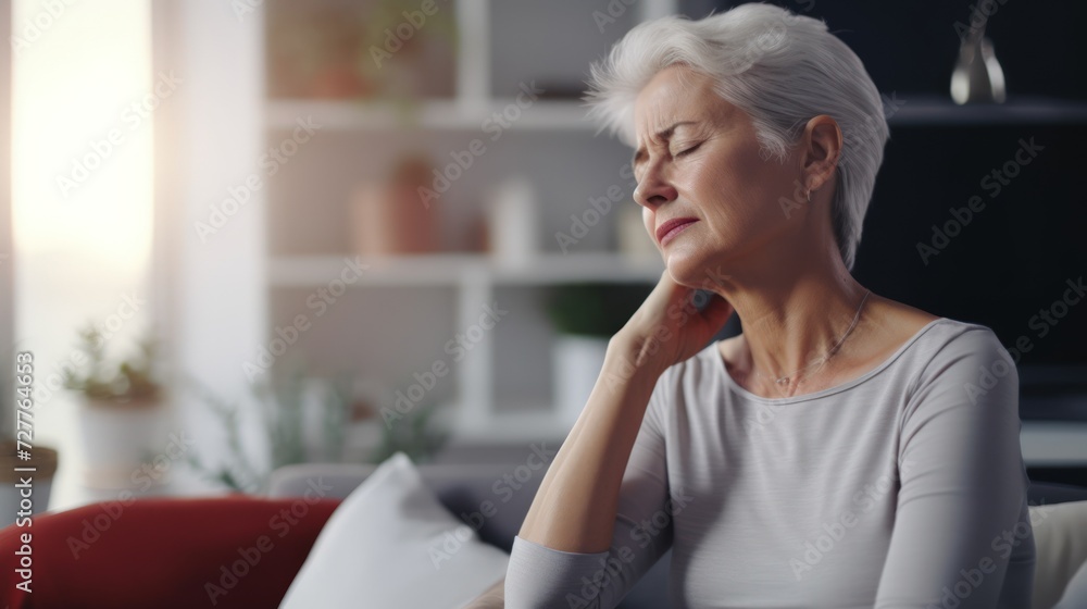 Senior Woman with Neck Pain at Home Generative AI Senior Woman with Neck Pain at Home Generative AI