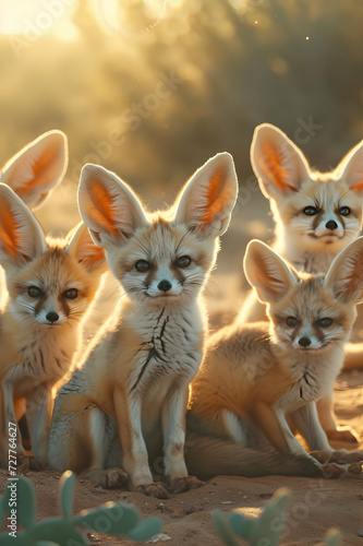 Fennec family sitting in the desert with setting sun shining. Group of wild animals in nature.