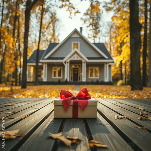 A gift on the background of a house. Housewarming surprise. Beautiful fall and leaves. Real estate agency advertisement. Selling a house. Presentation, advertising campaign, banner or billboard media