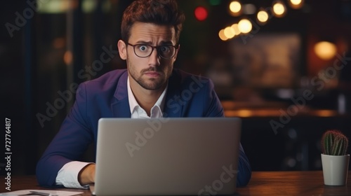 Confused Businessman Struggling with Computer and Internet Generative AI
