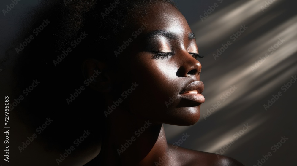 Portrait of a Beautiful Black Woman with Makeup and Aesthetic Lighting Generative AI Portrait of a Beautiful Black Woman with Makeup and Aesthetic Lighting Generative AI