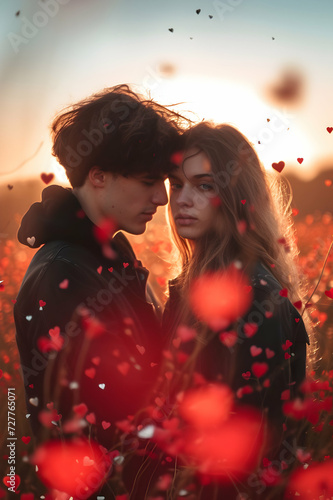 Young couple in embrace walking in a field full of red hearts. Concept of Valentine's day, love, happiness and freedom.