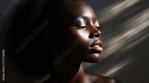 Portrait of a Beautiful Black Woman with Makeup and Aesthetic Lighting Generative AI