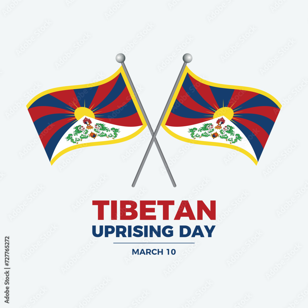 Tibetan Uprising Day poster vector illustration. Two crossed Tibet flags on a pole icon vector isolated on a gray background. Flag Of Tibet design element. March 10. Important day Tibetan Uprising Day poster vector illustration. Two crossed Tibet flags on a pole icon vector isolated on a gray background. Flag Of Tibet design element. March 10. Important day