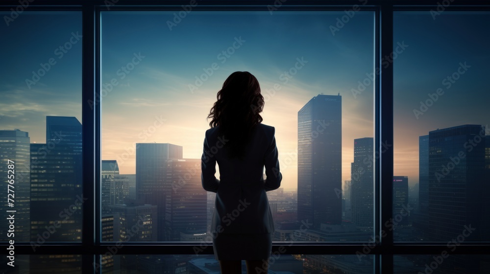 Fototapeta premium Ambitious Businesswoman Overlooking City Skyline Generative AI