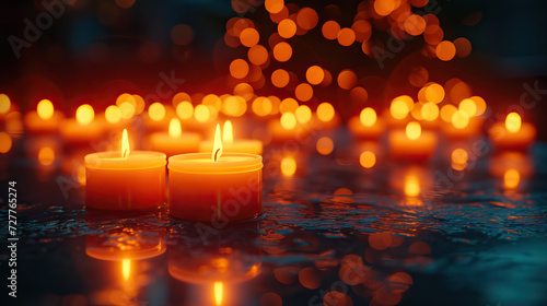 burning candles on dark background with blurry lights - AI Generated