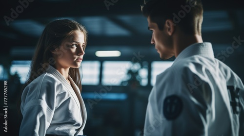 Young martial artists practicing jiu-jitsu in gym Generative AI photo