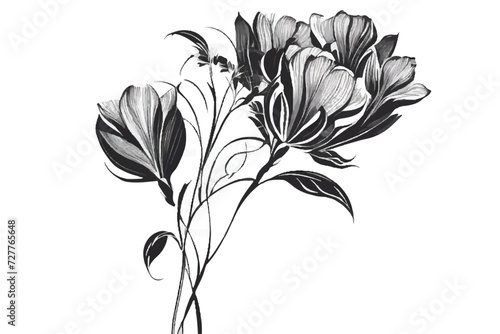 Fototapeta Naklejka Na Ścianę i Meble -  Black white flower isolated on white background. Abstract flower illustration. Flower on a white background. Black-and-white photo. Flower background.  Minimalistic monochrome botanical design.