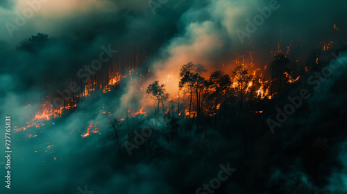 Wild forest fire. Burned trees after forest fires, lots of smoke. Natural disasters concept. Aerial view. Generative AI