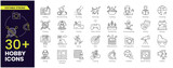 Hobby Stroke icon set. Containing painting, photography, acting, traveling, hiking, yoga, dancing, cooking, fishing, making music and more. Editable Outline icon collection.