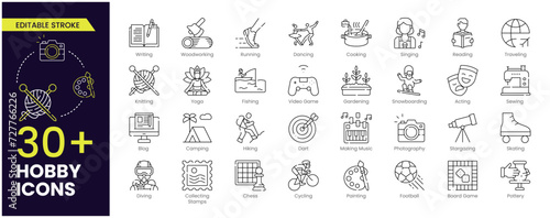 Hobby Stroke icon set. Containing painting, photography, acting, traveling, hiking, yoga, dancing, cooking, fishing, making music and more. Editable Outline icon collection.