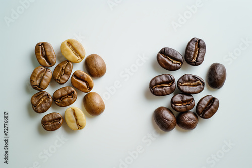 Two different types of coffee beans in flat lay background