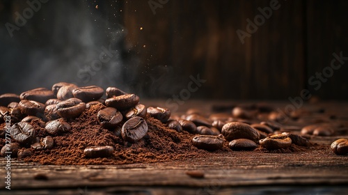 Coffee riot of coffee beans, coffee powder on dark wooden desk photo