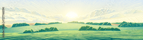 Morning rural landscape with hills, an elongated format for the convenience of using it as a background.