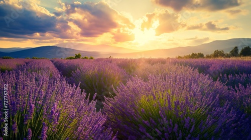 Wonderful scenery  amazing summer landscape of blooming lavender flowers  peaceful sunset view