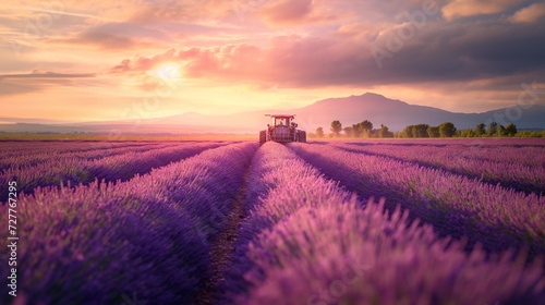 View of Tractor harvesting field of lavender. Beautiful nature background