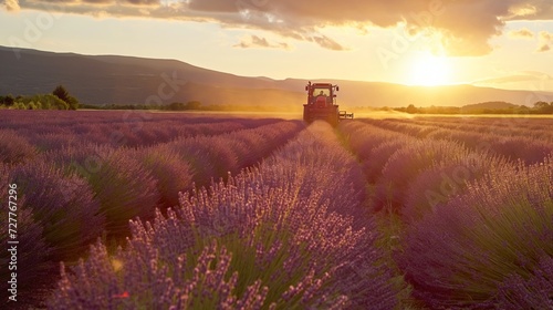 View of Tractor harvesting field of lavender