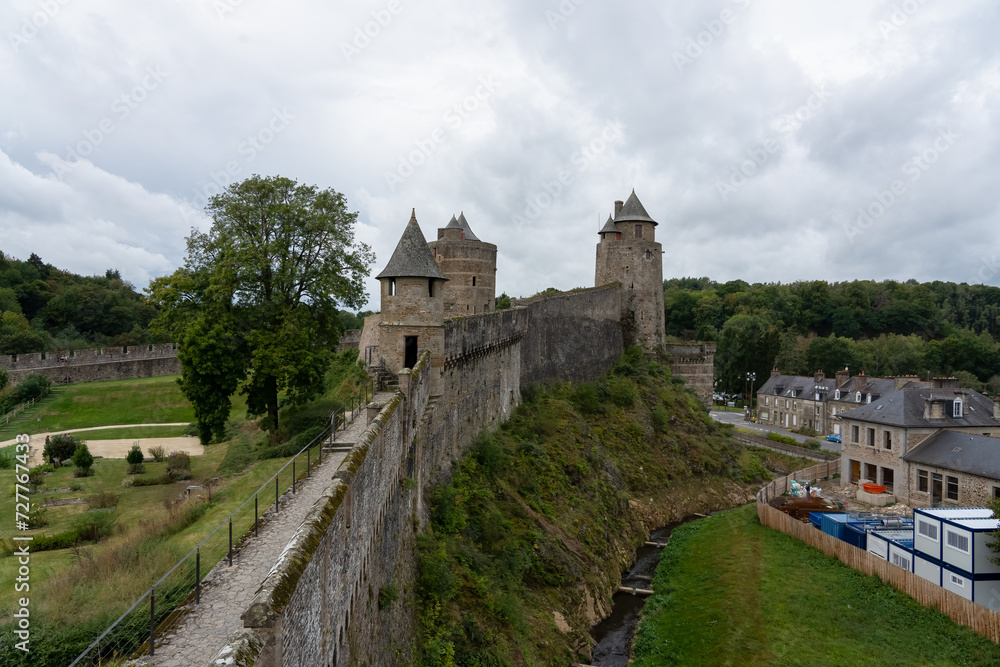 stonework of an aged medieval castle, the Chateau de Fougeres, France