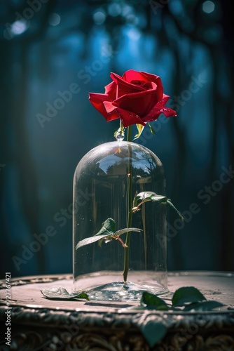 Under a glass globe, a beautiful rose is a fairy tale scene. Generative AI