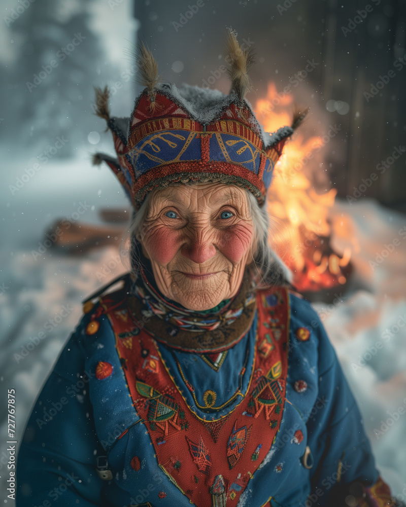 Portrait of old indigenous woman from northern Scandinavia in traditional clothes. Fire in background.