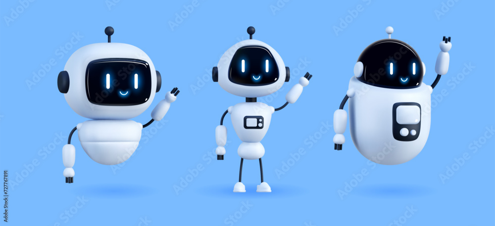 3d AI. Chat bot, robot artificial intelligence, chatbot icon, GPT symbol, customer service, support character face, human intelligence, cute happy mascot, space tech. Vector technology illustration 3d AI. Chat bot, robot artificial intelligence, chatbot icon, GPT symbol, customer service, support character face, human intelligence, cute happy mascot, space tech. Vector technology illustration