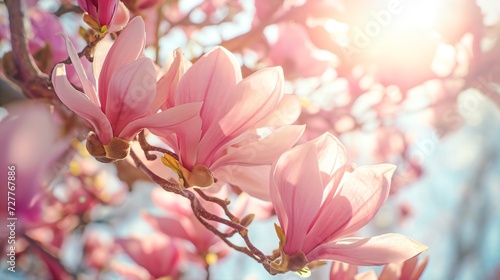 Magnolia tree blossom in springtime. Pink flowers