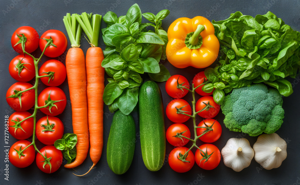 Assorted colorful fresh vegetables on dark background, top view