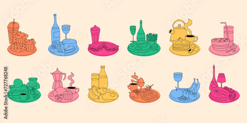 Breakfast food. Lunch serving. Cheese deli. Fresh tomato sandwich. Wine glass bottle. Meal cooking. Doodle color sketch. Coffee cup. Healthy bakery. Fruit juice. Vector hand drawn garish snacks set