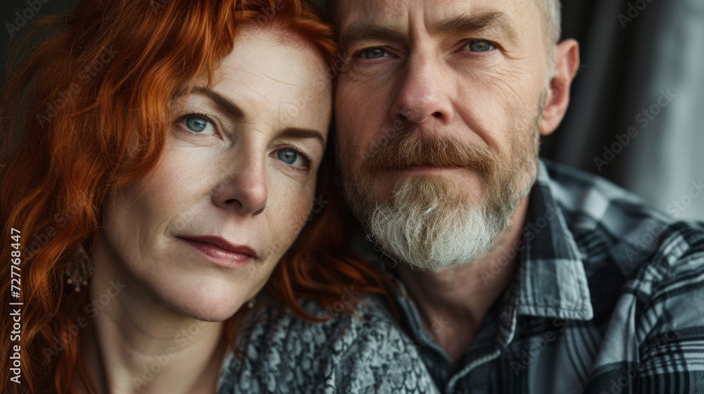 Portrait of serious handsome man and confident red haired woman looking at camera. Middle aged man and red hair woman mature loving married couple. Portrait of husband and wife. Portrait of serious handsome man and confident red haired woman looking at camera. Middle aged man and red hair woman mature loving married couple. Portrait of husband and wife.