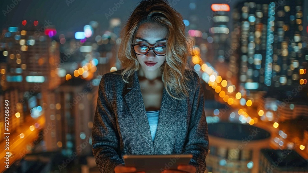 Beautiful businesswoman in a suit, working on a tablet with a copy space of a city at night. Beautiful businesswoman in a suit, working on a tablet with a copy space of a city at night.