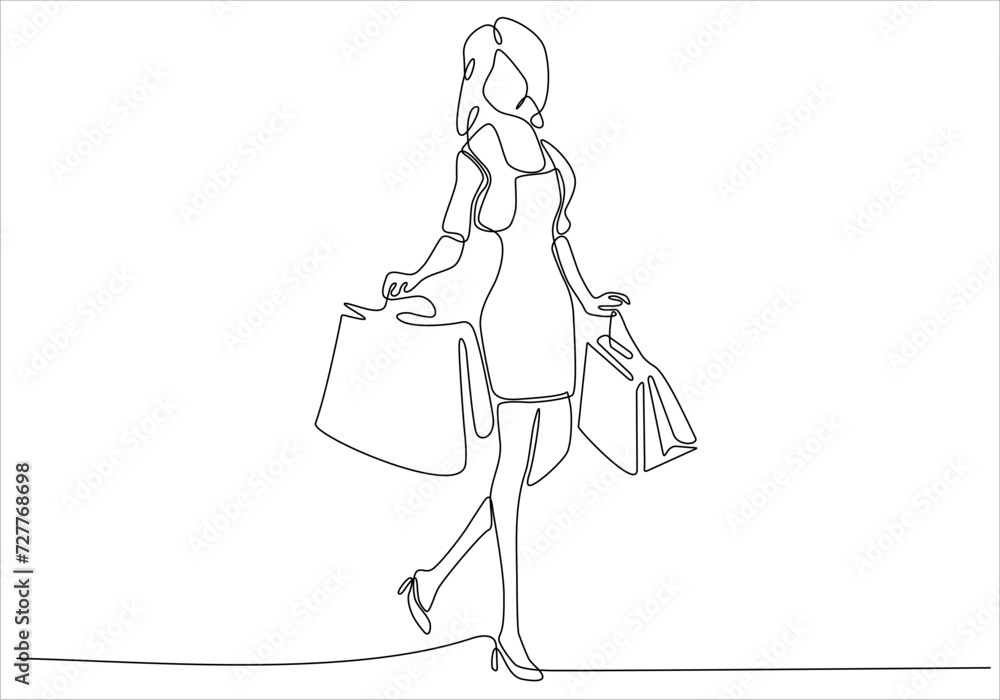 One continuous line drawing young happy beauty woman holding paper bags after buying dress, make up, cosmetic, fashion in mall. Shopping in mall concept. Single line draw design illustration One continuous line drawing young happy beauty woman holding paper bags after buying dress, make up, cosmetic, fashion in mall. Shopping in mall concept. Single line draw design illustration