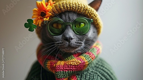 A really crazy black female rock punk cat wearing green clothes, green sunglasses, and a four-leaf clover accoutrement.