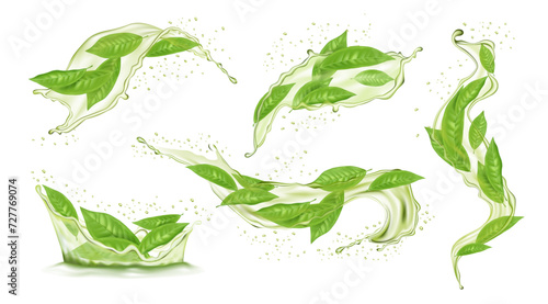 Green tea. Leaf in water splash, 3d tree and liquid in motion with drops, realistic swirl and splatter, nature flow. Morning herbal drink. Botanical foliage twig. Hot beverage. Vector isolated design
