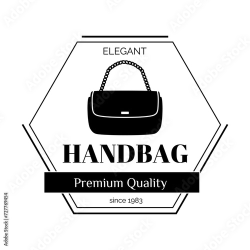 Bag logo. Premium quality handbag. Stylish accessory boutique marketing. Black silhouette brand emblem design. Fashionable pouch. Geometric hexagon frame. Elegant clutch. Vector shopping symbol set