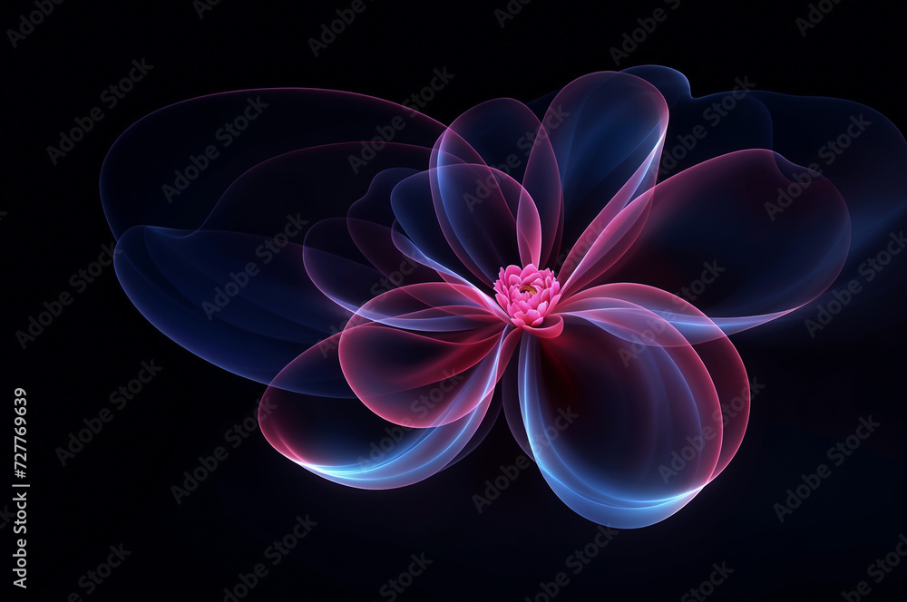 Neon blue pink transparent flower on a dark background. Design template. Abstract decoration. Abstraction. Neon blue pink transparent flower on a dark background. Design template. Abstract decoration. Abstraction.