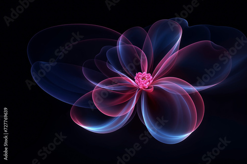 Neon blue pink transparent flower on a dark background. Design template. Abstract decoration. Abstraction.